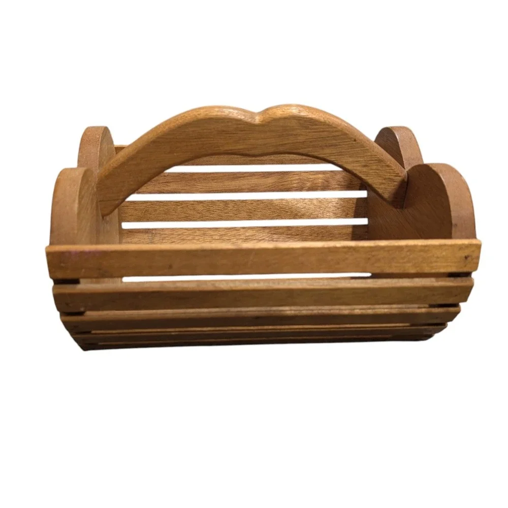Vintage Heart Shaped Wooden Slat Basket Caddy with Handle Farmhouse Decor